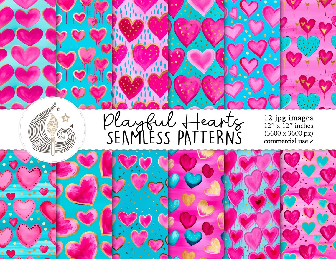 Playful Hearts Seamless Patterns: Bright Valentine Digital Paper Pack ...