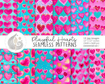 Playful Hearts Seamless Patterns: Bright Valentine Digital Paper Pack with Pink & Aqua Heart Designs