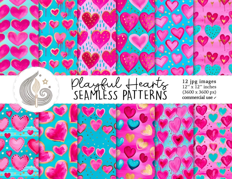 Playful Hearts Seamless Patterns: Bright Valentine Digital Paper Pack ...