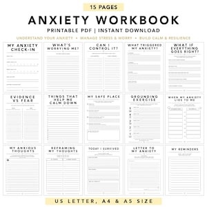 Puede incluir: Un libro de ejercicios sobre la ansiedad de 15 páginas en PDF imprimible con texto negro sobre papel blanco. Las páginas incluyen títulos como My Anxiety Check-In, What's Worrying Me, Can I Control It, What Triggered My Anxiety, con líneas para escribir.