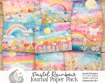 May include: A set of 8 digital papers featuring pastel rainbows, flowers, and butterflies. The papers are 11 inches by 8.5 inches and are perfect for scrapbooking, card making, and other crafting projects.