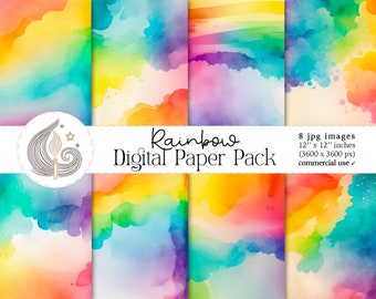 Rainbow Digital Paper | Background | Watercolor Rainbow Patterns | Scrapbook Paper | Rainbow Texture  | Colored Backdrop