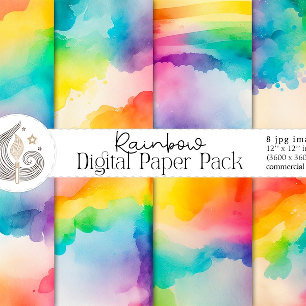 Rainbow Digital Paper | Background | Watercolor Rainbow Patterns | Scrapbook Paper | Rainbow Texture  | Colored Backdrop