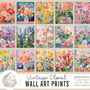 Vintage Floral Wall Art Set | Colorful Flower Prints | Botanical Cottagecore Decor | Gallery Wall Set | Retro Flower Art | Boho Decor