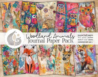 Woodland Animals Junk Journal-pagina's: kleurrijk bospapier met uilen, vossen en natuurtexturen