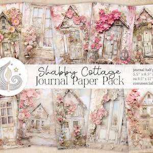 Pages de journal Cottage Shabby Chic | Kit numérique | Blanc rose floral rustique en bois pays porte de maison shabby chic | Paquet de papier numérique