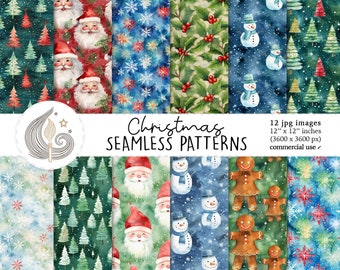 Christmas Seamless Patterns: Holiday Digital Paper Pack with Santa, Trees & Snowflakes