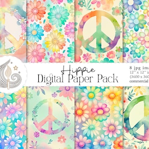 Hippie Digital Paper Pack | Hintergrundpapier | Peace 70S Blumen | Groovy Hintergründe | Digitales Muster | Pastellfarben | Kommerzielle Nutzung