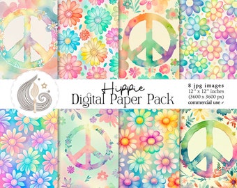 Hippie Digital Paper Pack: Colorful Peace Sign & Floral Retro Backgrounds