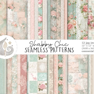 Puede incluir: Una colección de patrones sin costuras Shabby Chic con diseños florales y de encaje en tonos pastel. Los patrones presentan colores rosa, azul y crema. La imagen incluye el texto "Shabby Chic SEAMLESS PATTERNS" y "12 x 12 pulgadas" (30,48 x 30,48 cm).