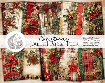 Christmas Junk Journal Pages: Classic Holiday Papers with Red Green Plaids and Seasonal Florals