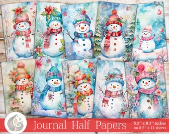 Könnte beinhalten: Eine Sammlung von Aquarell-Journal-Halbpapieren mit Schneemännern in winterlichen Szenen. Jeder Schneemann trägt Hut und Schal, umgeben von Schneeflocken und floralen Akzenten. Der Text "Journal Half Papers" ist unten zu sehen, zusammen mit Größenangaben.