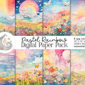 Paquete de papel digital arcoíris pastel / Uso comercial / Papel de ensueño para álbumes de recortes / Fondos de cielo brillante / Mariposas / Flores / Manualidades