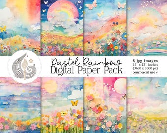 Pastel Rainbow Digital Paper Pack: Weiche Aquarell-Himmel-Hintergründe