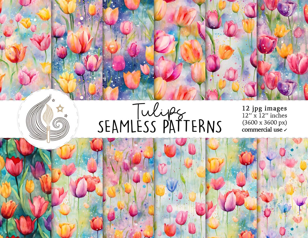 Tulips Seamless Patterns: Watercolor Floral Digital Paper Pack With ...
