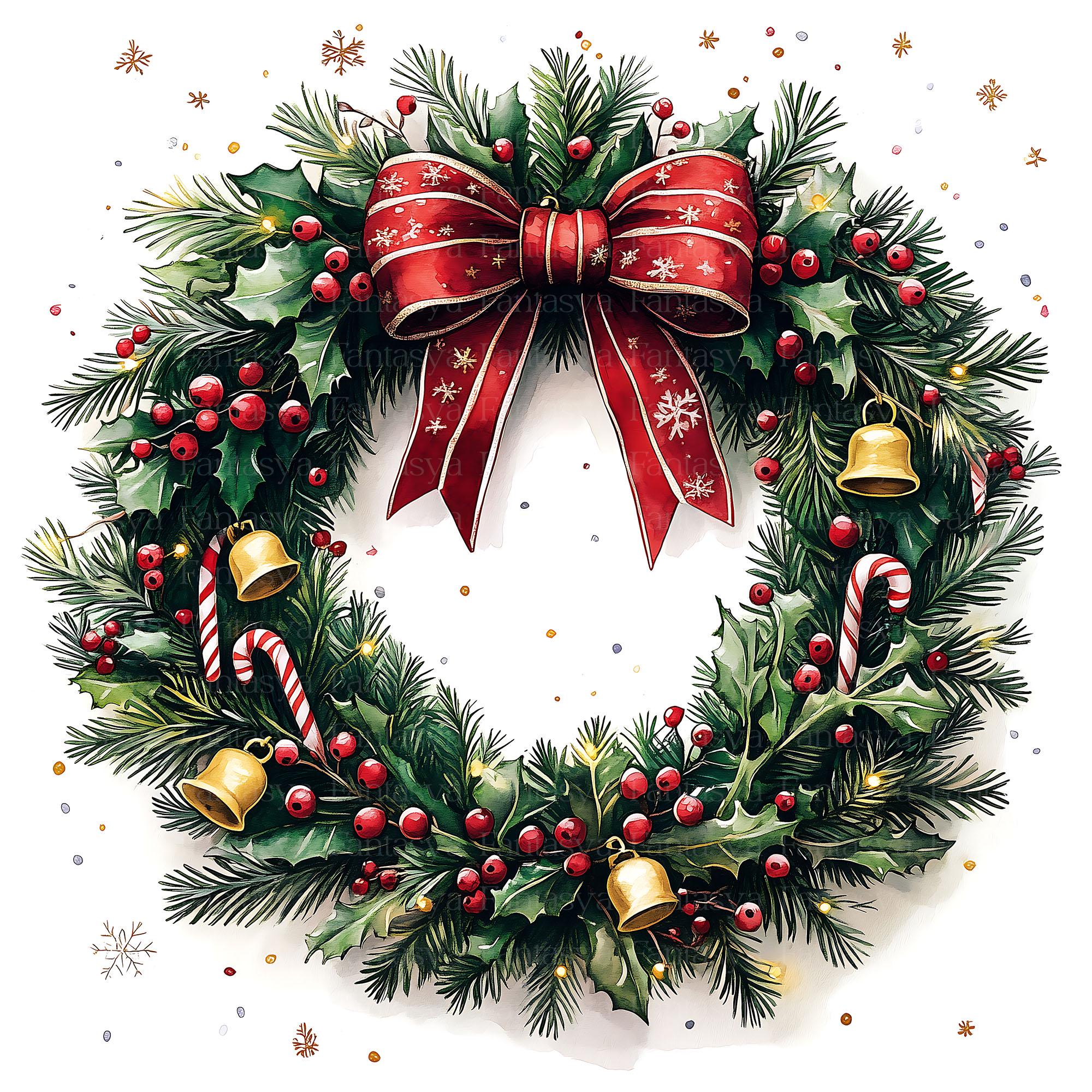 Christmas Wreath Clip Art Pack | 13 Jpg Watercolor Images | Card Making | Scrapbooking | Crafting | Junk Journal | Diy | Printables