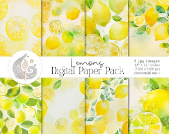 Lemons Digital Paper Pack: Watercolor Citrus Backgrounds in Fresh Summer Tones