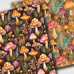 May include: Two sheets of patterned paper featuring watercolor illustrations of mushrooms and foliage. The mushrooms have orange, red, and pink caps with white spots. The background is a mix of dark brown and tan.