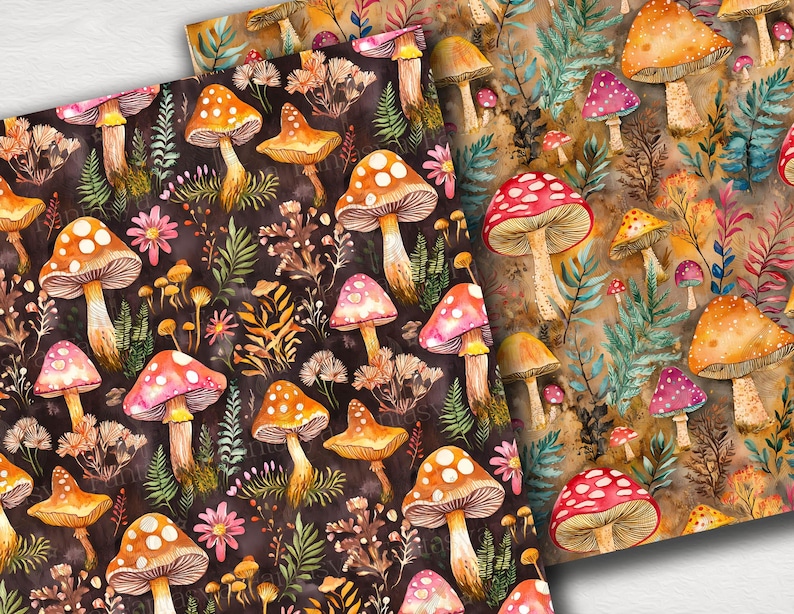 May include: Two sheets of patterned paper featuring watercolor illustrations of mushrooms and foliage. The mushrooms have orange, red, and pink caps with white spots. The background is a mix of dark brown and tan.