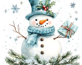 Watercolor Winter Snowman Clip Art Pack: 12 JPG Images