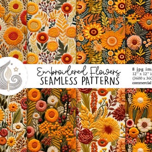 Naadloos geborduurde bloemenpatronen | Herfst digitaal papierpakket boho | Afdrukbare herfstbloemen in 3D | Geeloranje naadloos papier