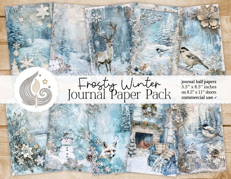 Frosty Winter Junk Journal Seiten: Blaue Wald Papiere mit Schneeflocken Tiere und Texturen