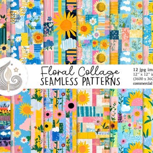 Nahtloses Blumencollagenmuster | Kommerzielle Nutzung | Nahtlose Blumen Digitales Papier | Niedliche Pastell Frühling Sommer Sonnenblume | Scrapbook-Papier