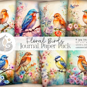 Carta per diario spazzatura / Uccelli floreali ad acquerello / Forniture per diario spazzatura / Documenti stampabili / Pagine di diario / Scrapbooking / Kit digitale
