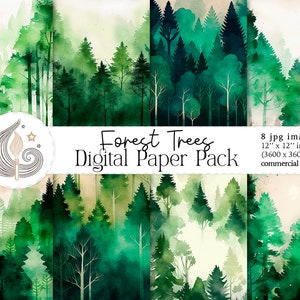 Carta digitale per alberi forestali / Sfondo acquerello / Uso commerciale / Carta per album / Carta digitale per boschi / Texture / Artigianato fai da te