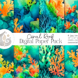 Carta digitale Coral Reef / Sfondi acquerello / Uso commerciale / Sotto il mare / Carta scrapbook / Fondali oceanici / Colorato