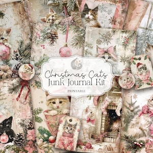 Kit kerstkatten rommeljournaal | Vintage kortstondige feestdagen | Gezellige winterkittencollage | Afdrukbare kerstplakboekpagina's | Knutselen