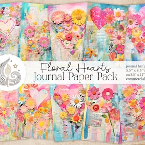 Pagine di diario con cuori floreali / Motivi a forma di cuore pastello stampabili / Carta per scrapbooking / Carta digitale / Sfondi per collage / Creazione di biglietti