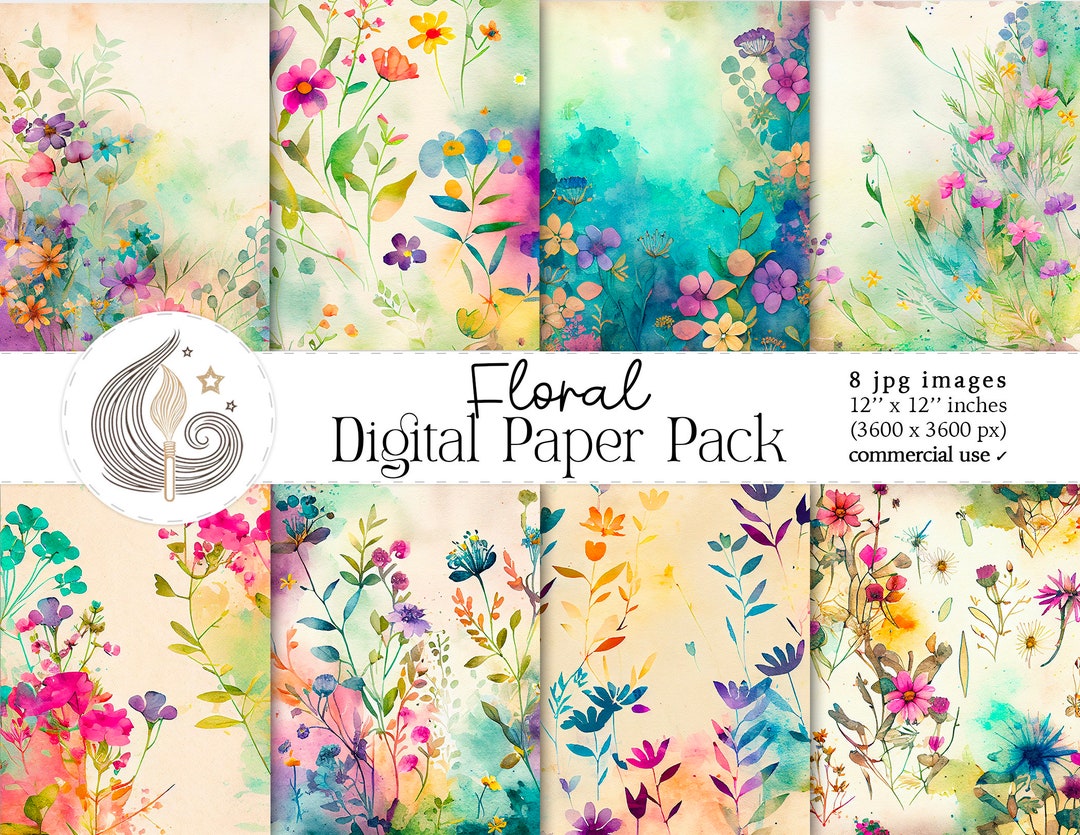 Floral Digital Paper Pack: Watercolor Flower Backgrounds in Colorful ...