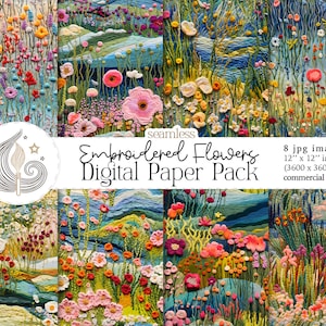 Embroidered Floral Meadow Seamless Pattern | Instant Download | 3d Flower Digital Paper | Digital Scrapbooking | Commercial Use