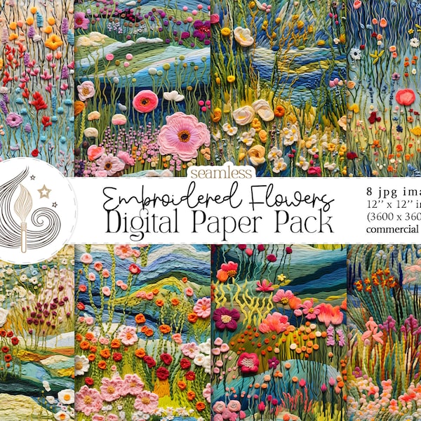 Embroidered Floral Meadow Seamless Pattern | Instant Download | 3d Flower Digital Paper | Digital Scrapbooking | Commercial Use