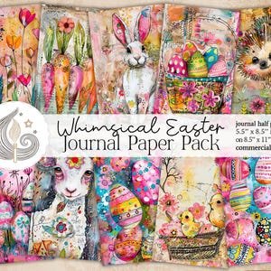 Puede incluir: Una colección de paquetes de papel de diario con temática de Pascua. Los diseños presentan ilustraciones coloridas de huevos de Pascua, conejos, flores y animales. El texto de la imagen dice "Whimsical Easter Journal Paper Pack" y "journal half papers 14 x 21.6 cm en hojas de 21.6 x 28 cm uso comercial".