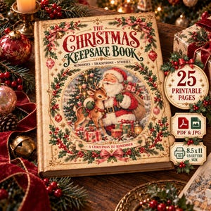 Peut inclure: Un livre relié intitulé The Christmas Keepsake Book avec une illustration vintage du Père Noël et d'un renne. La couverture présente du houx, des baies et des rubans. Indique 25 pages imprimables, formats PDF et JPG, et taille 21,6x27,9 cm.