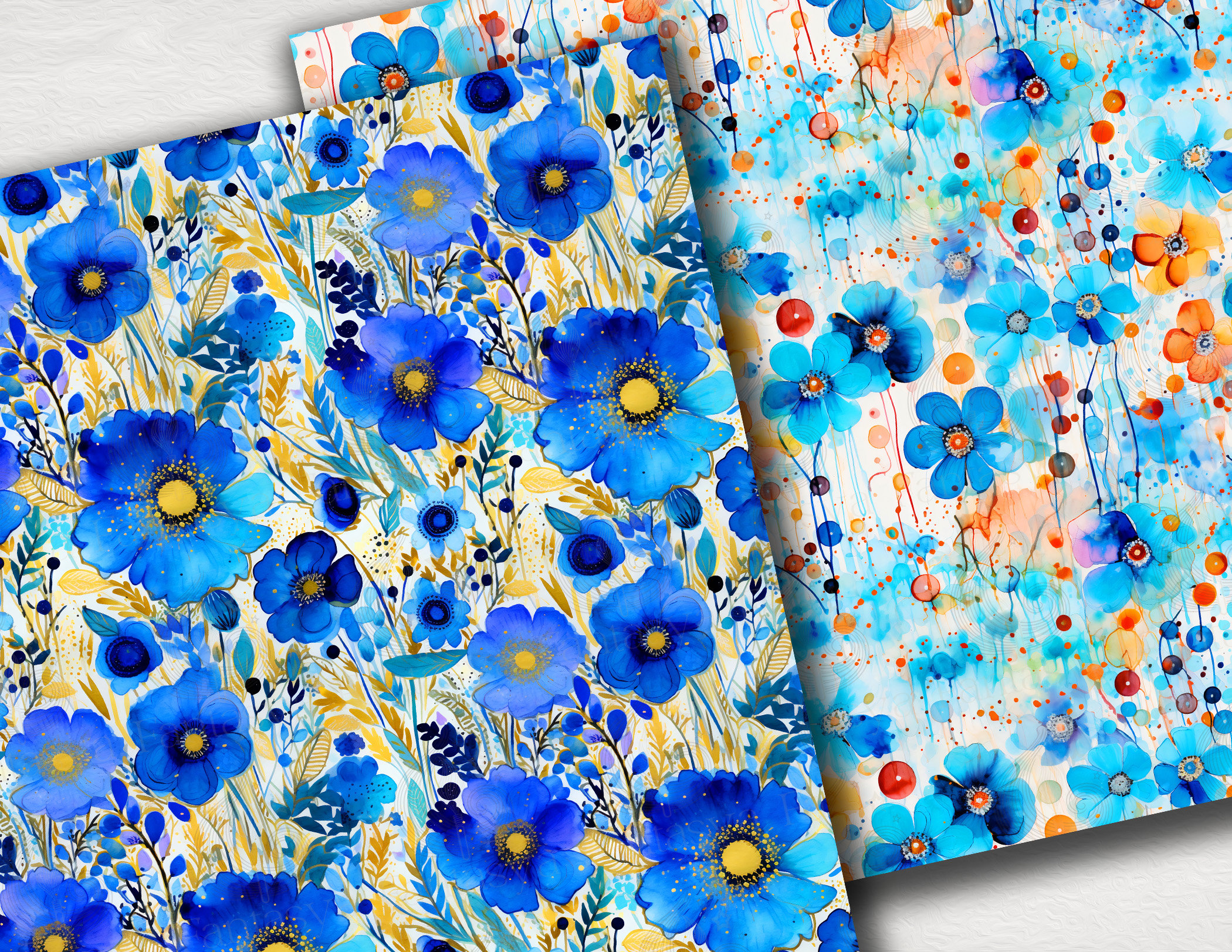 Floral Seamless Patterns: Watercolor Flower Digital Paper Pack in Blue ...