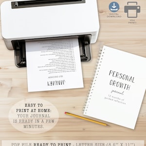 May include: A white printer printing a self-discovery journal page. A spiral-bound journal with the words "Personal Growth Journal" is next to the printer. A pencil and digital download icons are also visible.