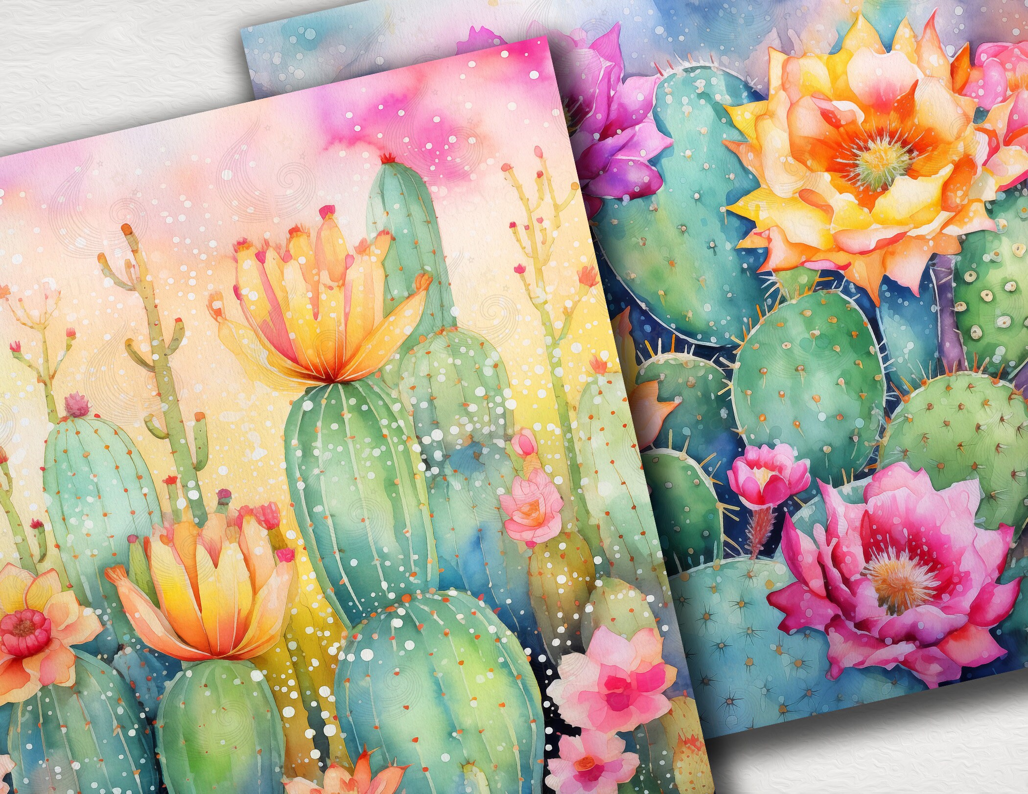 Cactus Digital Paper Pack: Watercolor Desert Flowers in Pink and Green ...