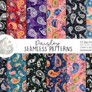 May include: A collection of 12 seamless paisley patterns in various colors, including black, red, purple, and teal. Each pattern features a detailed paisley design, with the images measuring 12 x 12 inches.