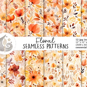 Padrão Floral Sem Costura | Uso Comercial | Papel Digital Floral Sem Costura | Fundo de Flores Quentes de Outono em Aquarela | Papel para Scrapbook