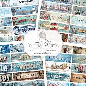 Palabras de invierno de diario basura imprimible / Hoja de collage / Palabras de diario digital Ephemera / Scrapbooking / Etiquetas / Etiquetas