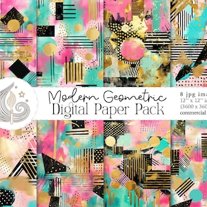 Papel digital geométrico moderno / Papel para álbumes de recortes / Uso comercial / Descarga digital / Dorado, rosa, verde azulado / Fondos abstractos / Moda