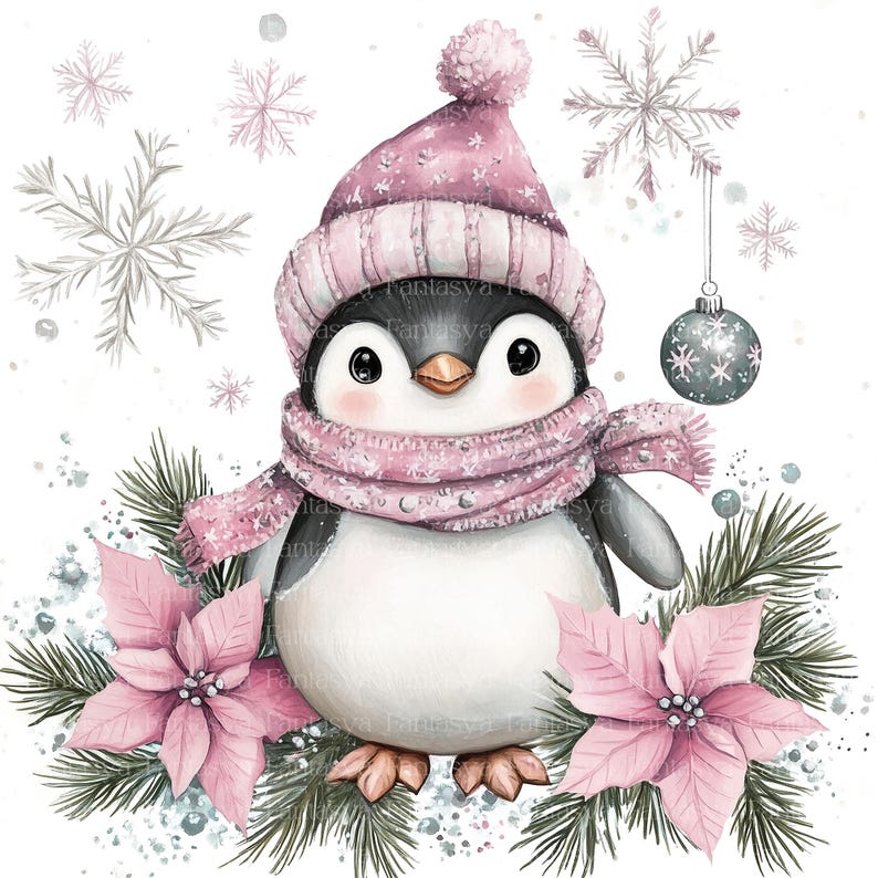 Puede incluir: Un lindo ping&uuml;ino de dibujos animados con un gorro y una bufanda de punto rosa, rodeado de flores de poinsettia rosas y ramas de pino. Un adorno navide&ntilde;o plateado cuelga de una cuerda en la esquina superior derecha.