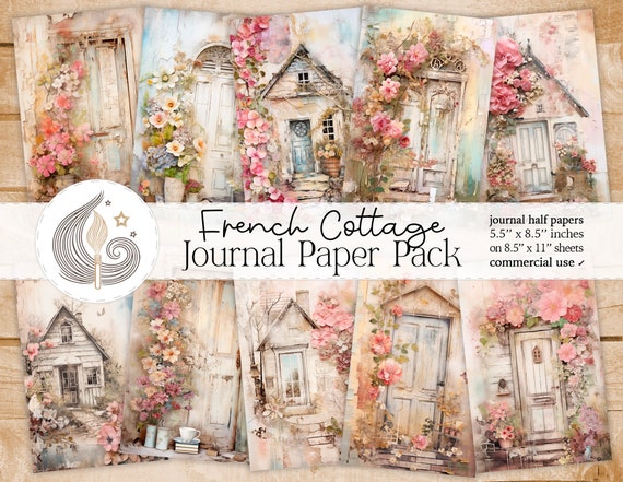 French Cottage Junk Journal Pages: Rustic Floral Papers with Charming Doors & Cozy Village Atmosphere