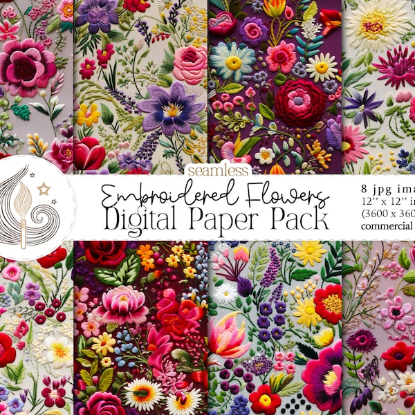 Seamless Embroidery Flower Digital Papers | Embroidered Floral Patterns | Commercial Use | Digital Download | Fabric Printing