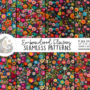 May include: Eight digital seamless patterns featuring embroidered flowers in various colors on a black background. The patterns are 12 inches by 12 inches and are for commercial use.