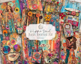 Peut inclure: Un kit de journal de rebut imprimable sur le thème hippie. Le kit comprend des papiers colorés avec des images de fleurs, de signes de paix et d'un van vintage. Le texte "Hippie Soul Junk Journal Kit Printable" est sur une bannière blanche.