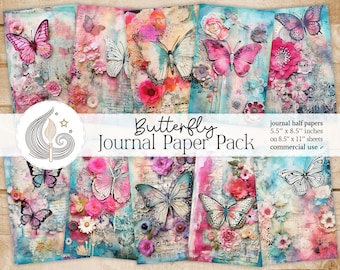 Butterfly Junk Journal Pages: Pastel Papers with Wings Florals and Soft Textures